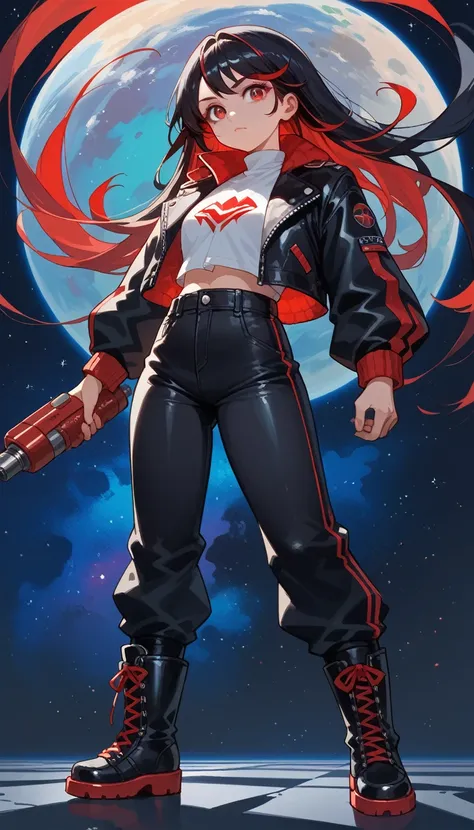  full boady view of A cute anime girl  standing confidently She has long black hair with vibrant red highlights, eyes, Her outfit includes a sleek leather jacket and combat boots, ultra-detailed, highly mechanical appearance. space background