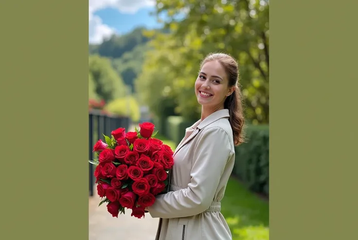 To create a similar picture, you can use the following promt.:

>  A woman with a bouquet of bright red roses is standing outside against a background of green foliage . She is wearing a light jacket ,  in the background and a slight smile on her face .  T...