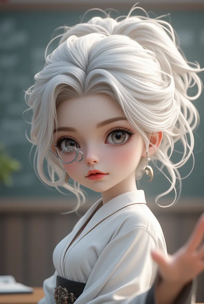 chibi character, big head, full body, cool beauty teacher, white shiny silky disheveled half updo, make up, captivating big roun...