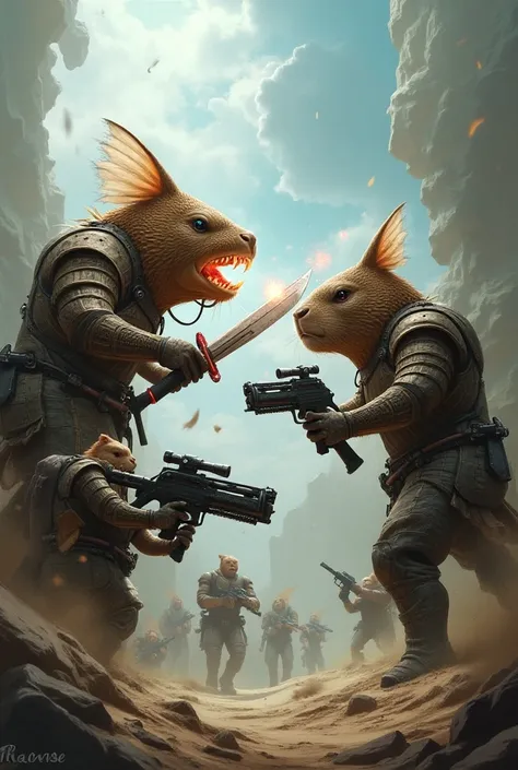 Fish with azas fighting capybaras with weapons