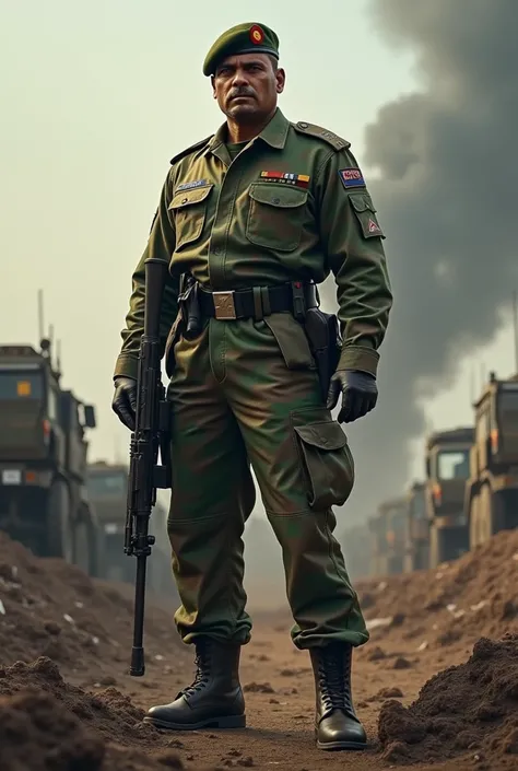 Bangladeshi army officer standing, weapon in hand. He stands on the battlefield. The image needs to be PNG.