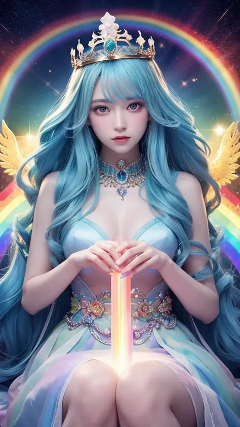 goddess　Mysterious　crown　 facing the front　Rainbow　 pale shade　髪の毛グレーと淡いRainbow　 holds a crystal in her hand　Aura in the background 　 gorgeous　全体的に pale shade

