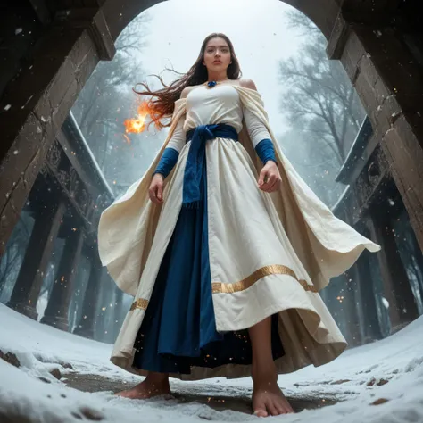 Masterpiece, best quality, realistic, (1 girl: 1.3), blue gold white clothes, shawl long hair, jump, leap, dance, green gold white clothes, long skirt, long scarf, flowing, light armor, snow white skin, bare shoulders, full body, (from below:1.5), martial ...