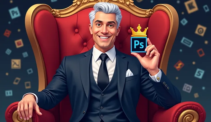 Create a digital illustration featuring a well-dressed, confident man with silver hair, seated in a luxurious red chair. The man should be holding a Photoshop CC 2019 logo in his hand, which has a golden crown on top, symbolizing mastery of the software. T...