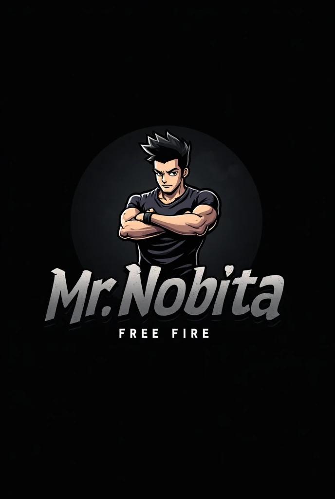 Create a unique Free Fire-inspired logo with the name Mr. Nobita, designed with a dark, intense black color scheme and sleek details. The character Nobita is shown in a confident pose, giving the logo a bold and edgy feel, fitting for a gaming environment....