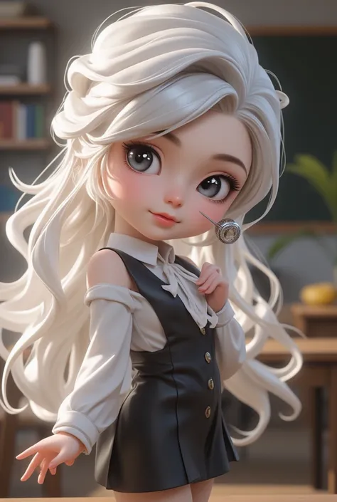 chibi character, big head, full body, cool beauty teacher, white shiny silky disheveled half updo, make up, captivating big round drop eyes, silver round shaped monocle, cortesy, elegance, dignity, various effects, delicate and dynamic textures, contrasts ...