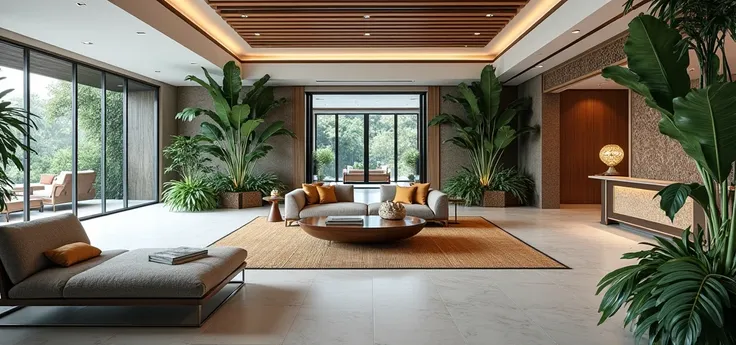 The interior of a luxurious reception at a retreat in Rajasthan, India. The setting blends modern luxury with natural tranquility, featuring warm tones, tropical plants, and natural light filtering through the glass walls.
