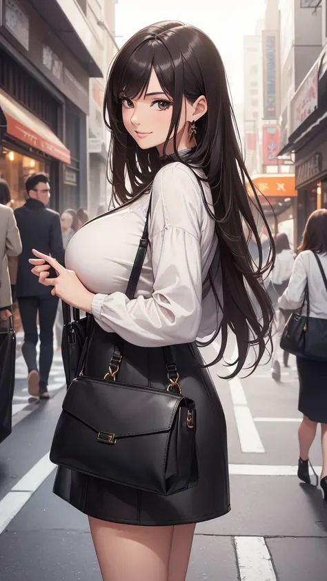  Holding a designer bag , (Stroll through the city), ( Fashion outfit ) (Refreshing clothing),  mature women , /( dark hair /)  bangs,  friendly smile , ( masterpiece best quality :1.2)  exquisite illustration super fine, large breasts rest ( Holding a des...