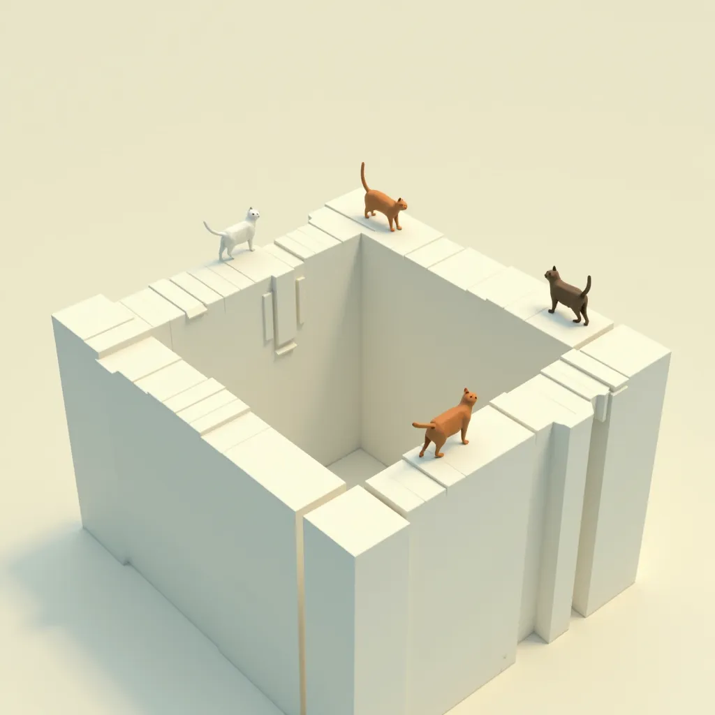 staircase that goes up endlessly, looping itself into a square. isometric view, minimalistic, similar to the style of monument valley. three cats are walking on it.