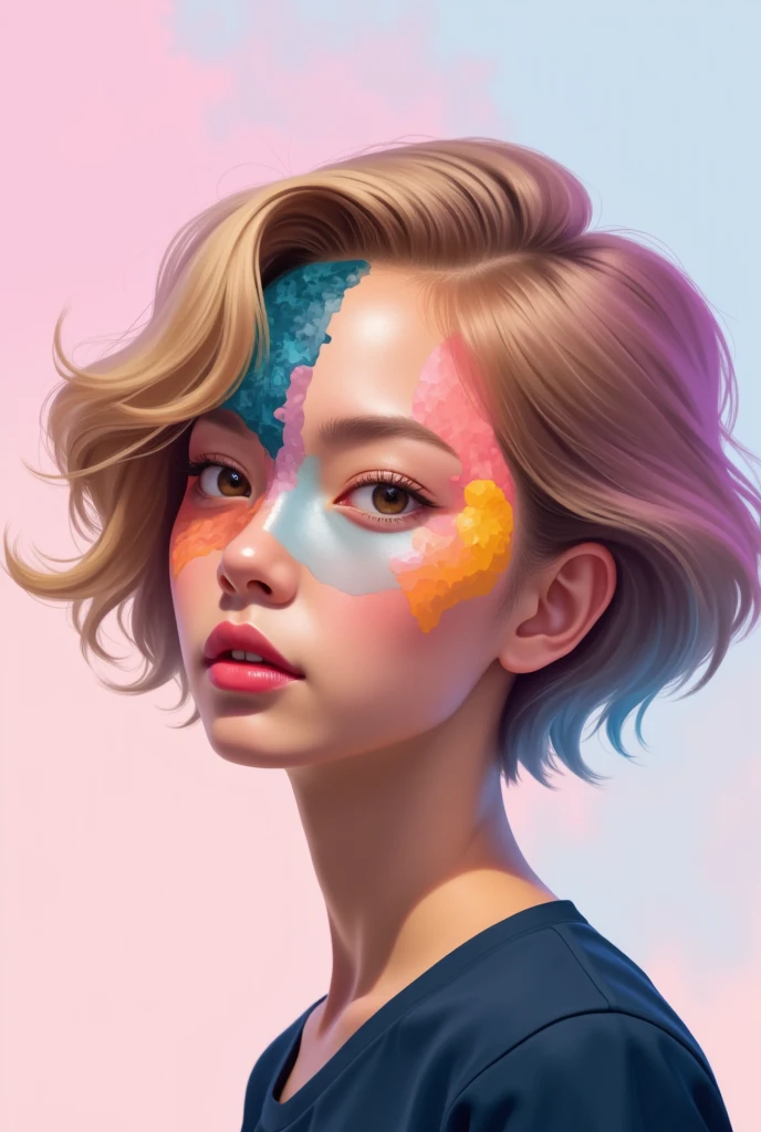 An abstract digital art representation of a young Japanese woman with short, wavy blonde hair. Her face is divided into geometric shapes, each segment displaying different colors and textures to represent different emotions. The background is a gradient of...