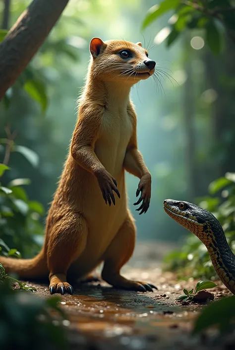 "The mongoose, full of confidence, stands tall and poised in the jungle, ready to face off with a snake. Its body is surrounded by an aura of strength and resilience, while the snake, despite its venomous nature, seems hesitant. The background is a vibrant...