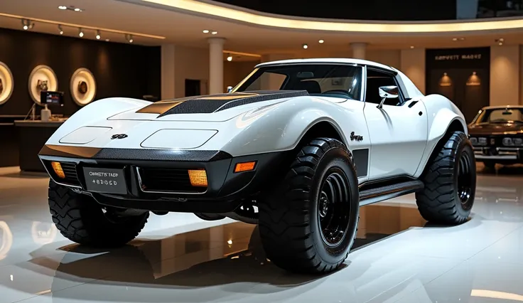 Visualize a Chevrolet Corvette c4 redesigned as a 4x4 off-roading luxury vehicle in a sophisticated car showroom. Left view vehicle features an aggressive pristen white exterior with carbon fiber accents, four rugged off-road tires, and a raised suspension...