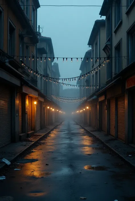 Une rue européenne abandonnée au crépuscule avec des magasins aux rideaux de fer fermés et des guirlandes lumineuses de noel 
Des voitures modernes sur une file aux pots déchappement qui fument et polluent