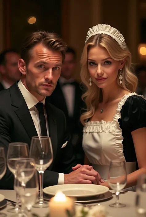 A handsome millionaire man sits at a table at a business dinner with a beautiful blonde maid girl. They look directly at the camera in the photo. woman in maid costume There are still many people sitting at the table.