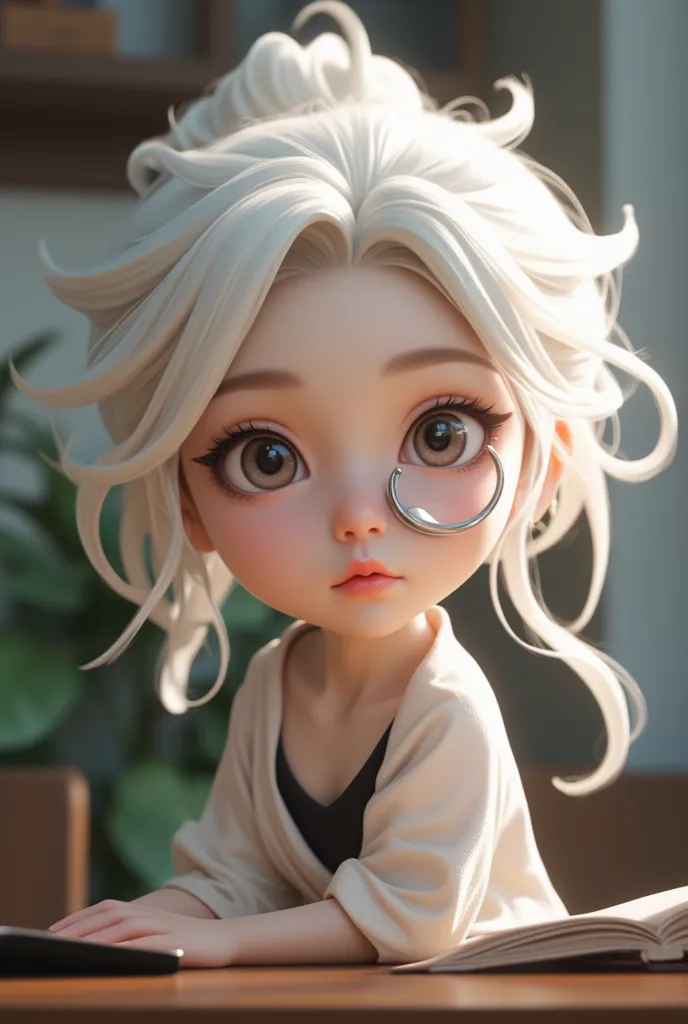 chibi character, big head, full body, cool beauty teacher, white shiny silky disheveled half updo, make up, captivating big roun...