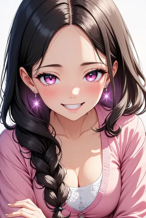 Long Hair, Black Hair , Pink inner hair , open your mouth , smile, illustration where the lower eyelashes and pupils do not overlap, The lower half of the eye is white , Bright Eyes, Pink Eyes, Larger clothes, sleeves are longer than wrists, , Pink Cardiga...