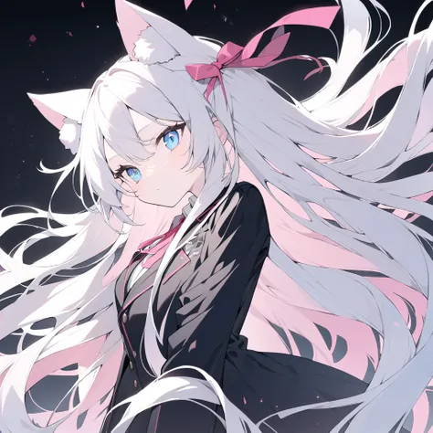 white long flowing hair、 blue eyes、black blazer、pink ribbon in hair、white cat ears