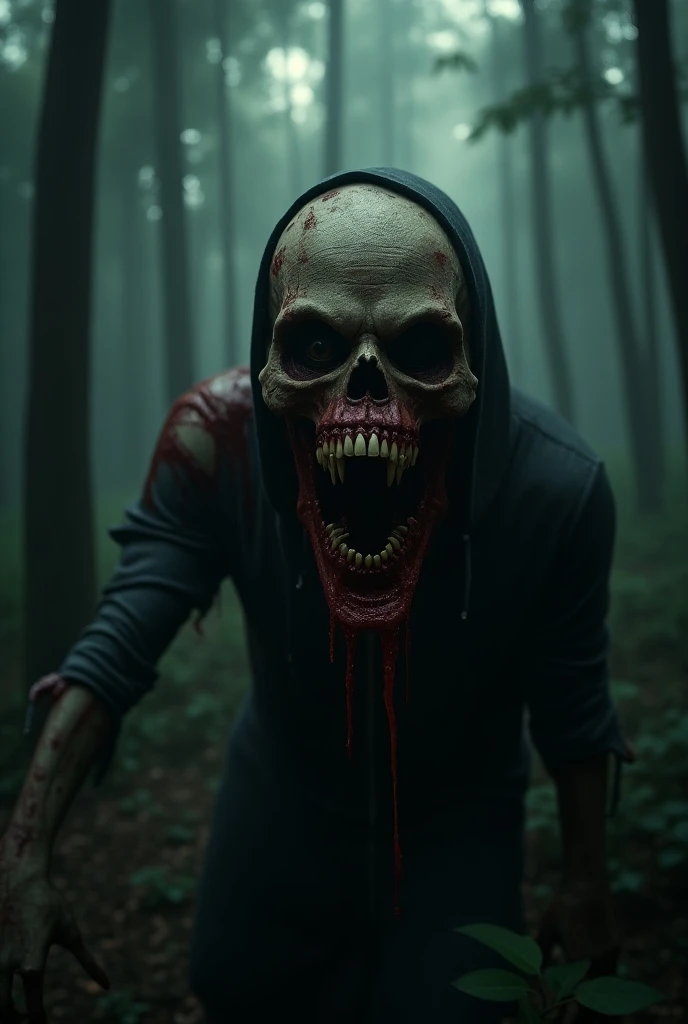 "A hyper-realistic, nightmare-inducing scene in a shadowy dark forest background based in some Indian forest, extreme close up of a Ghoul from chest to head his flesh with blood and exposed bones wide open mouth clearly visible and all this in a rectangula...