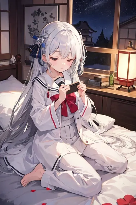 ((highest quality)), silver hair、woman、long hair、night、sleep、bed、fluffy、ephemeral，Hishiki Shrine