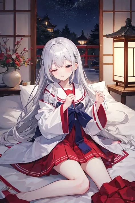 ((highest quality)), silver hair、woman、long hair、night、sleep、bed、fluffy、ephemeral，Hishiki Shrine