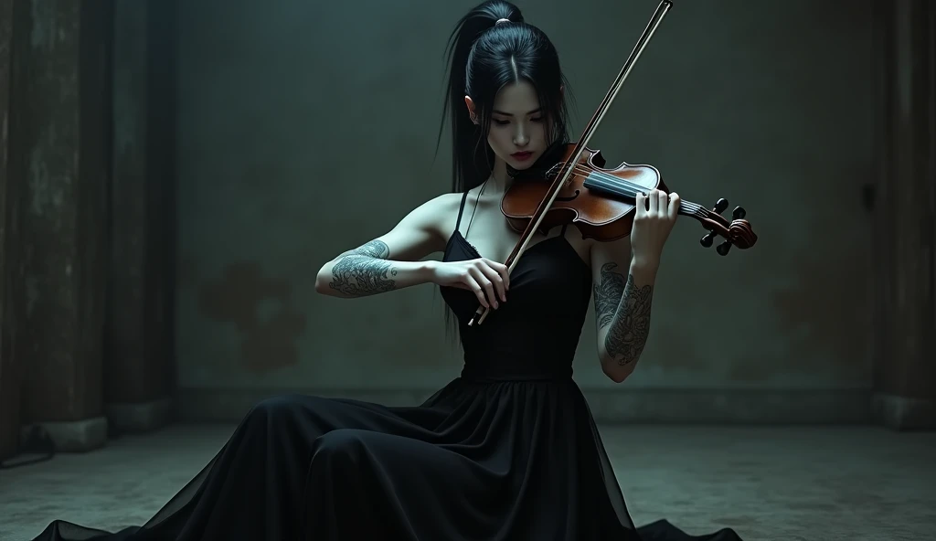 A pale woman with black hair black eyes long dress and ponytail, tattoo on arms,, playing violin