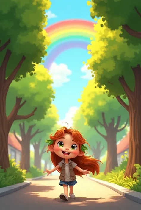  Create cartoon-style image of a  with long hair walking down a tree-filled street, looking at a rainbow and smiling 