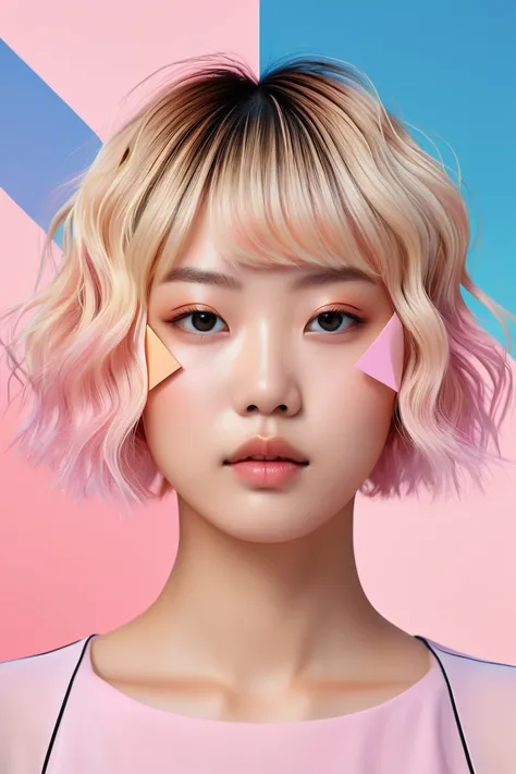 An abstract digital art representation of a young Japanese woman with short, wavy blonde hair. Her face is divided into geometric shapes, each segment displaying different colors and textures to represent different emotions. The background is a gradient of...