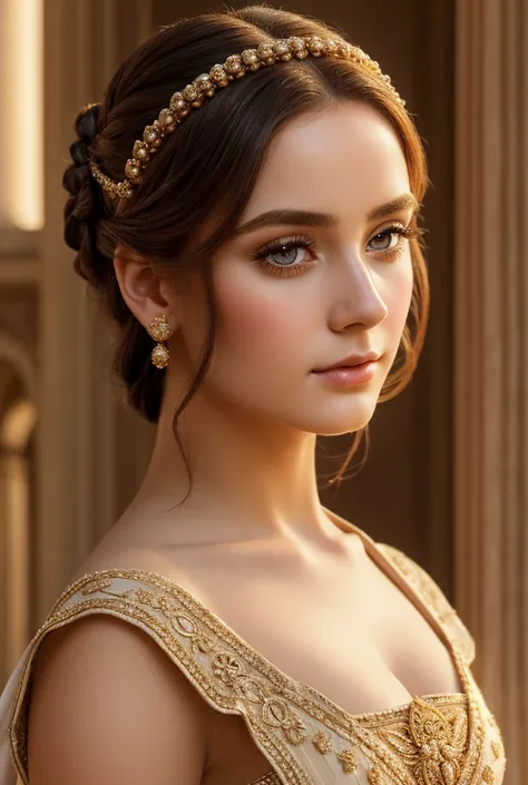 1girl, 1st century fashion style, beautiful detailed eyes, beautiful detailed lips, extremely detailed face and features, long eyelashes, intricate hairstyle, traditional ancient roman dress, elegant pose, serene expression, classical roman architecture ba...