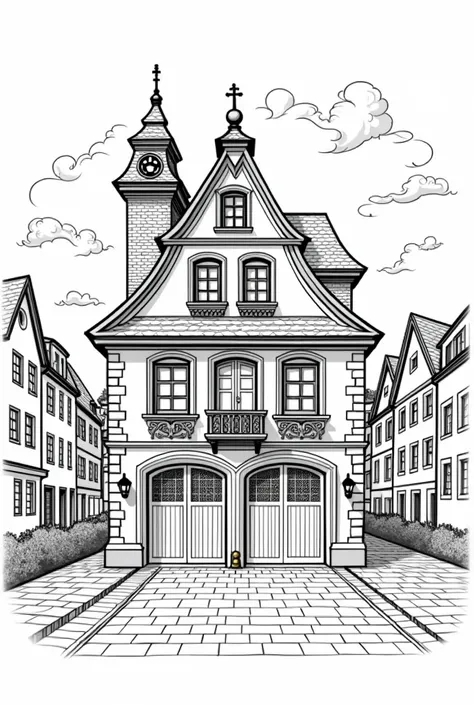 Fire station for coloring for ren without colors thick black border slightly German 