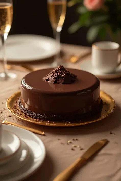 Round chocolate cake with creamy chocolate icing on a sophisticated table with white plates, golden cutlery and champagne glasses  