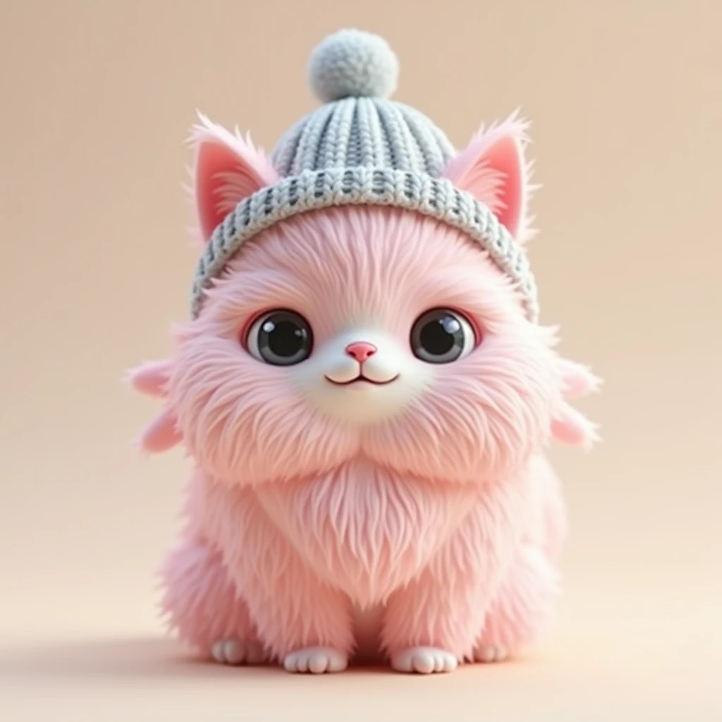 "Create a 3D art toy image of a long-haired cat with pink fur, a large head, big gray eyes, and a sweet smile. The cat is wearing a pastel gray knitted hat."