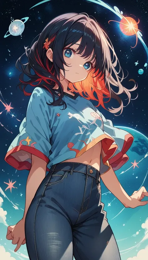 full boady view of A cute anime girl standing confidently She has long black hair with vibrant red highlights, eyes wearing blue shirt and jeans, ultra-detailed, highly. space background