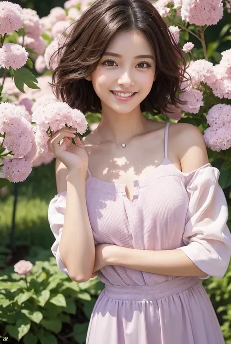 Big Eyes, Cute Oku Futage , Happy woman surrounded by flowers , Dandelion,  pretty atmosphere , Short hair with outward curls, Talented ,  cute smile,  very detailed woman ,  detailed hair,  Highly Detailed Faces and Eyes , Precise Representation,  thin li...