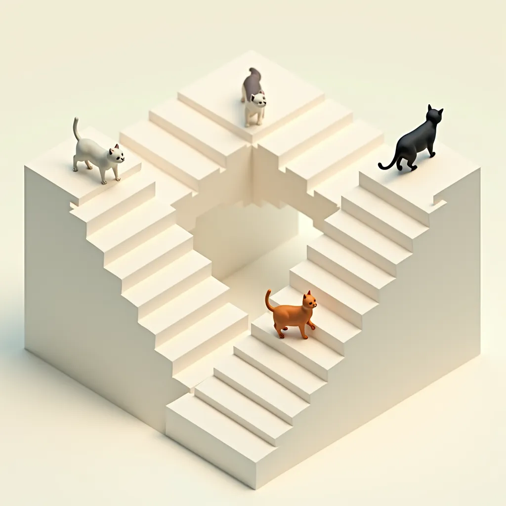 impossible staircase that goes up endlessly, looping itself into a square. isometric view, minimalistic, similar to the style of monument valley. three cats are walking on it.