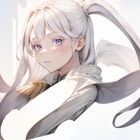 1girl,Handsome face、(((The best composition、Best Quality、 masterpiece、Super detailed、 high definition)))、Simple Background、Milky white hair color、 Long Straight Hair 、military uniform coat with expandable sleeves、white long lashes 、