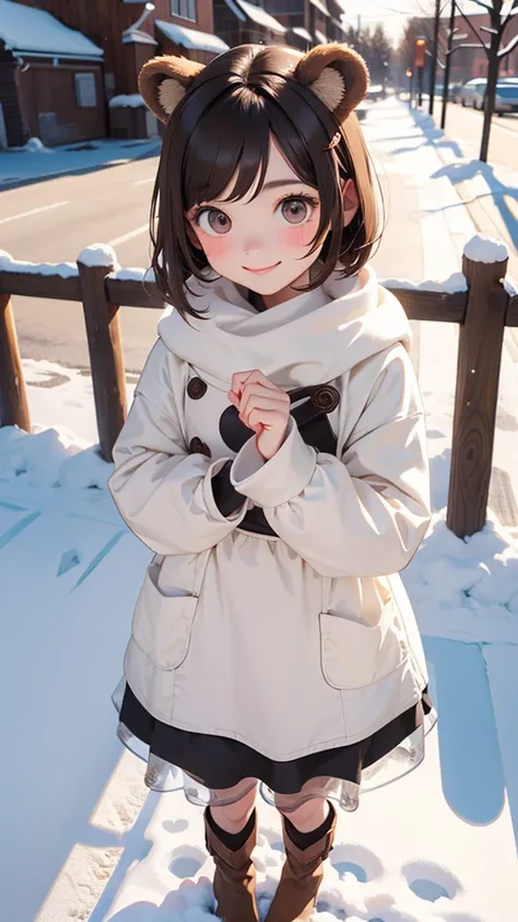 Girl standing in front of the photo, alone, full body, bob hair, brown, wearing long boots, bear ears, gentky smile, cute pose, cute face, clear brown eyes, worm dress , snow scene, season!!: winter