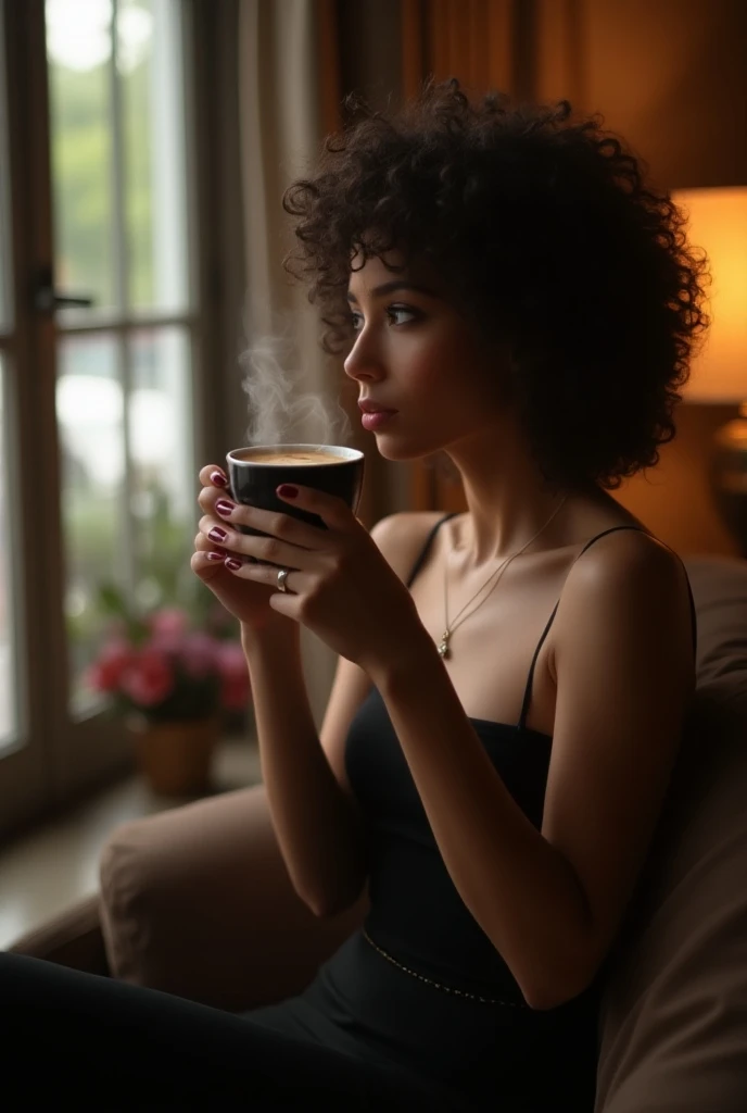 A curly woman in a black dress drinking coffee 