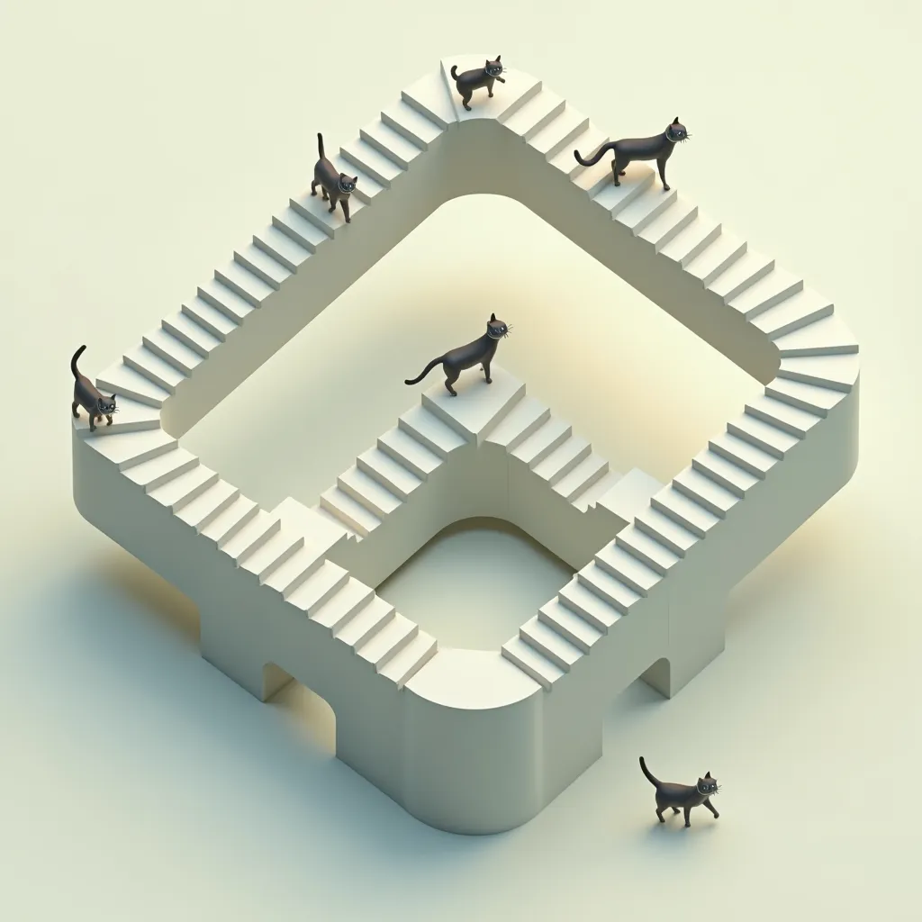 impossible staircase that goes up endlessly, looping itself into a square. isometric view, minimalistic, similar to the style of the game "Monument Valley". three cats are walking on it.