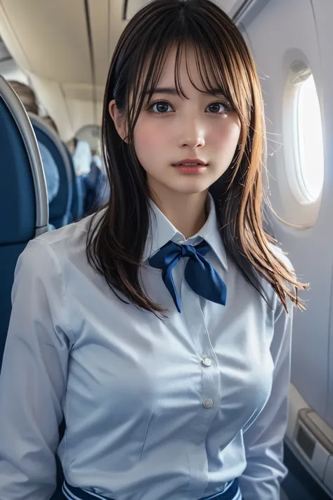 Best Quality, masterpiece, 8k, Ultra High Definition, ( photorealistic: 1.4),  1 girl, Facial beauty,  symmetrical eyes, big, Perfect figure, Stewardess uniform,  Viewers Perspective , (In-flight: 1.2), Front View, Shoulder jump, Absolute territory (1.3), 