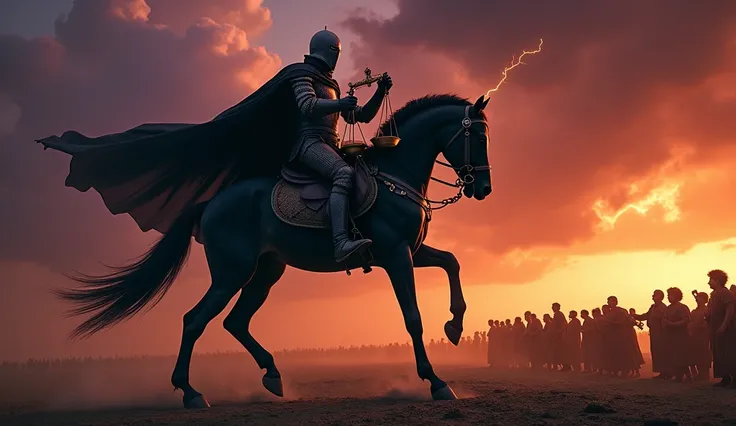 An apocalyptic scene shows the rider on a towering black horse, galloping across a desolate, barren land. The knight wears a dark cape and holds a golden scale, symbolizing food rationing. The sky behind him is dyed in vibrant colors: purple, red, and blac...