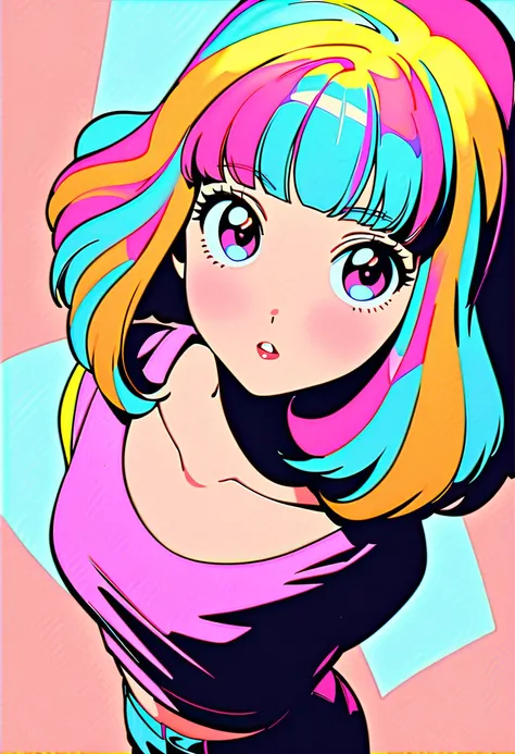 (Best Quality:1.2,  city pop style drawn slightly diagonally from above,  very detailed, Latest,  lively,  high contrast, masterpiece:1.2, Best Quality, Best aesthetics),  girl, (( frontal upshot :1.4)),  Colorful Hair ,  bob cut,  pastel colors,  1980s st...