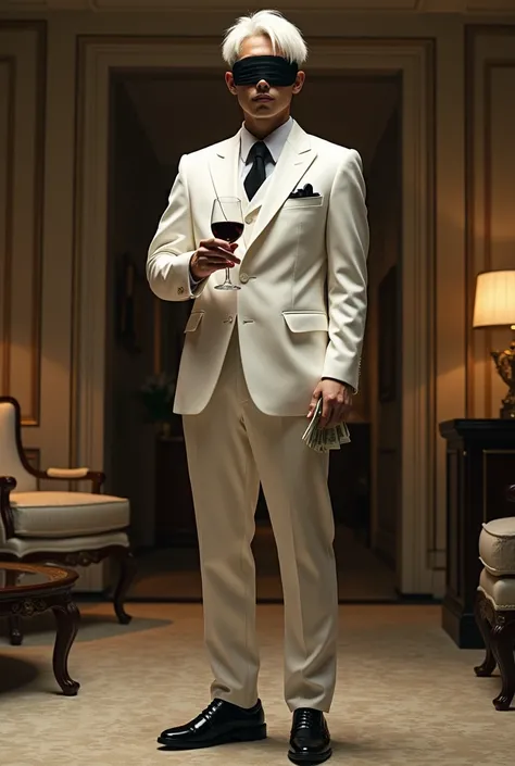 a 22-year-old Japanese male with white hair and a black blindfold standing at a luxury hotel wearing a white suit and black sneakers with a glass of wine in his right hand and money in his left hand