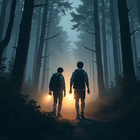 Two young men in casual clothes with backpacks walking through a misty forest at dusk, holding flashlights, with trees casting long shadows and the light of the setting sun in the background.