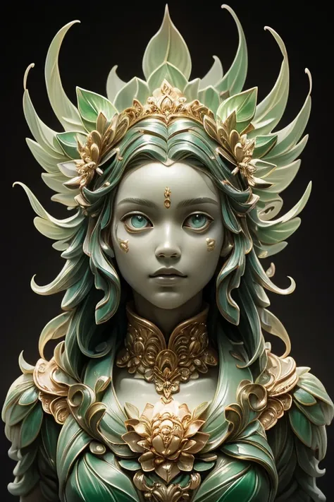 a plant human onlysculpture ,fusion of plants and humans,clear eyes,beautiful girl,cute,plant sculpture, plant all ,all plant only,live action,turn face to the camera,front,looking at camera,devil,background, dreamlike colors, transparent plant sculpture, ...