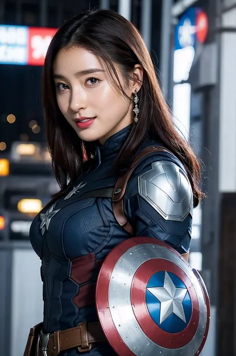 masterpiece,  1 girl, beautiful woman、marvel's captain america , delicate and delicate features,  american dream ,  holding a ro...