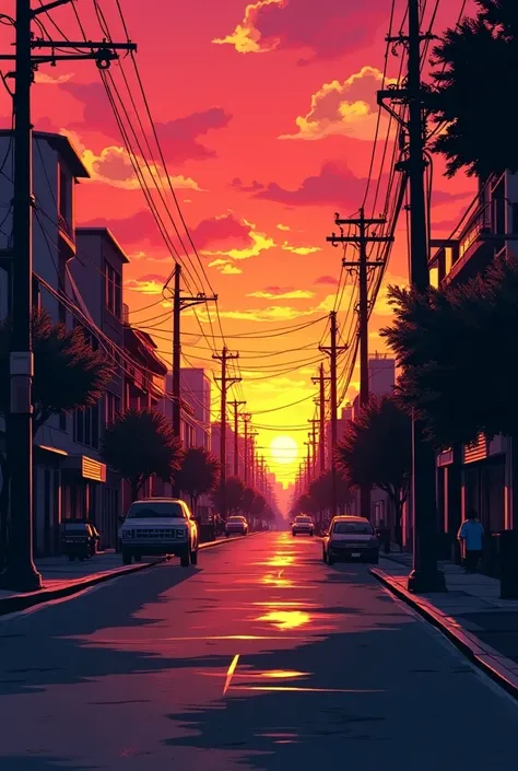 Andy Warhol style, stylish design, anime, sunset, Street Corner