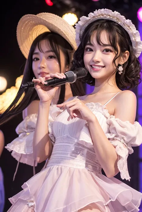 Big Eyes, cute double, Idol woman dancing on stage, Frilly idol costumes,  puff sleeve ,  pretty atmosphere , Short hair with outward curls, Talented ,  cute smile,  very detailed woman ,  detailed hair,  Highly Detailed Faces and Eyes , Precise Representa...