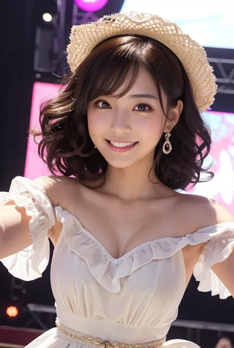 Big Eyes, cute double, Idol woman dancing on stage, Frilly idol costumes,  puff sleeve ,  pretty atmosphere , Short hair with outward curls, Talented ,  cute smile,  very detailed woman ,  detailed hair,  Highly Detailed Faces and Eyes , Precise Representa...