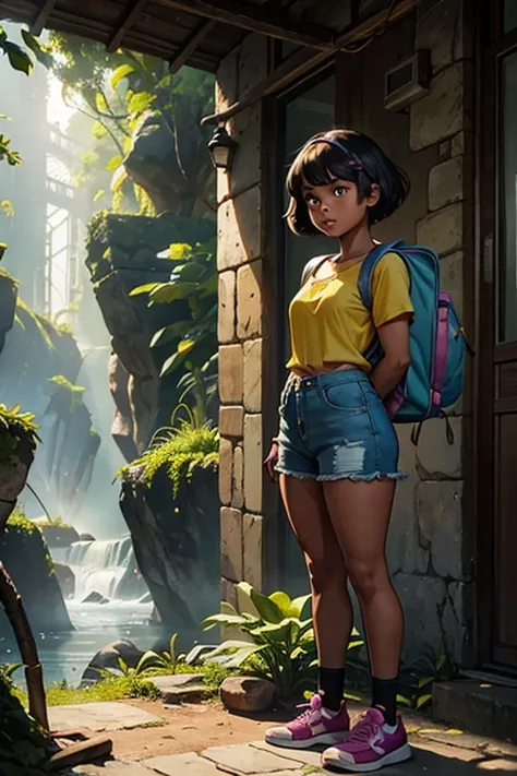 Dora The Explorer, a girl with dark skin, short, straight hair down to her shoulders, dark brown hair, two braids in her hair, tied with colorful bows, dark brown eyes, thin lips, round face, small breasts, wide hips, thick thighs, wearing a short-sleeved ...