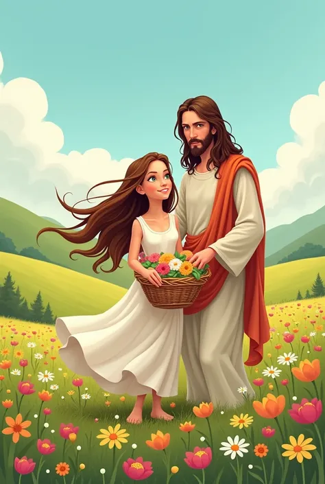 Create cartoon style image of a  with long hair holding a basket in her hands and gathering flowers in a field together with Jesus